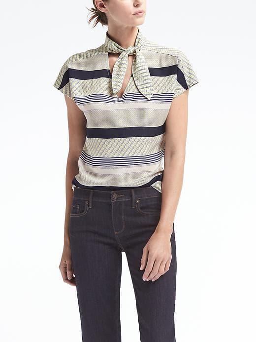 Banana Republic Print Tie Neck Top - Ivory Print