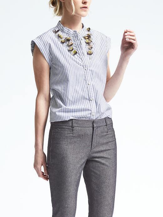Banana Republic Embellished Stripe Top - Light Blue Stripe