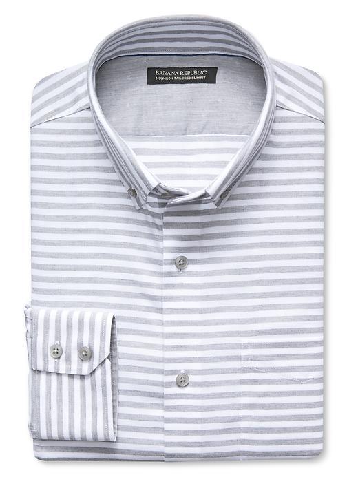 Banana Republic Mens Tailored Slim Fit Non Iron Striped Oxford Size M Tall - Gray