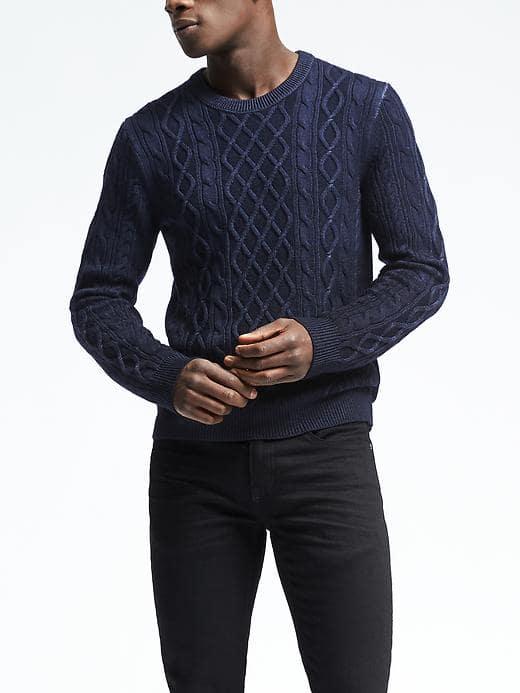 Banana Republic Mens Garment Dye Cable Knit Crew Pullover - Navy
