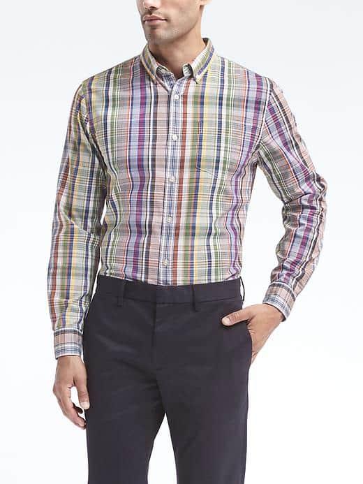 Banana Republic Mens Grant Fit Cotton Stretch Pinpoint Plaid Oxford Shirt - Pink Multi