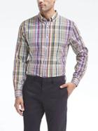 Banana Republic Mens Grant Fit Cotton Stretch Pinpoint Plaid Oxford Shirt - Pink Multi