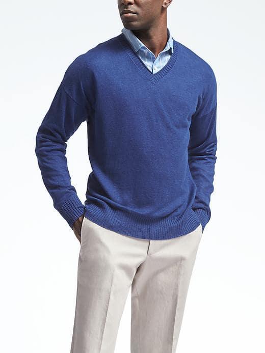 Banana Republic Mens Heritage Linen Vee Pullover - Neon Cobalt