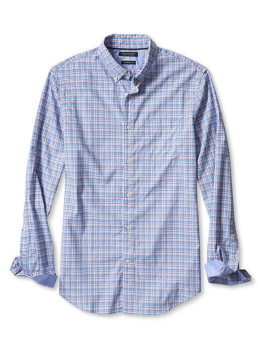 Banana Republic Mens Camden Fit Complex Check Custom 078 Wash Shirt Size L Tall - Harbor Blue