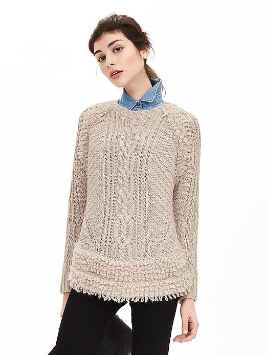Banana Republic Womens Fringe Hem Cable Knit Pullover Size L - Cream