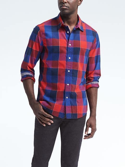 Banana Republic Camden Fit Custom Wash Check Shirt - Red