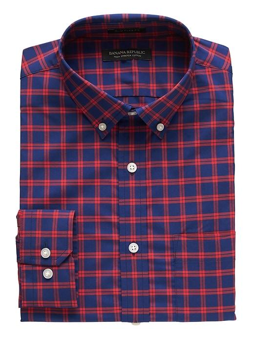 Banana Republic Mens New Slim-fit Tech-stretch Cotton Windowpane Shirt Red & Navy Blue Size Xs
