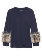 Banana Republic Womens Japan Online Exclusive Fur-cuff Crew-neck Sweater Navy Blue Size Xs