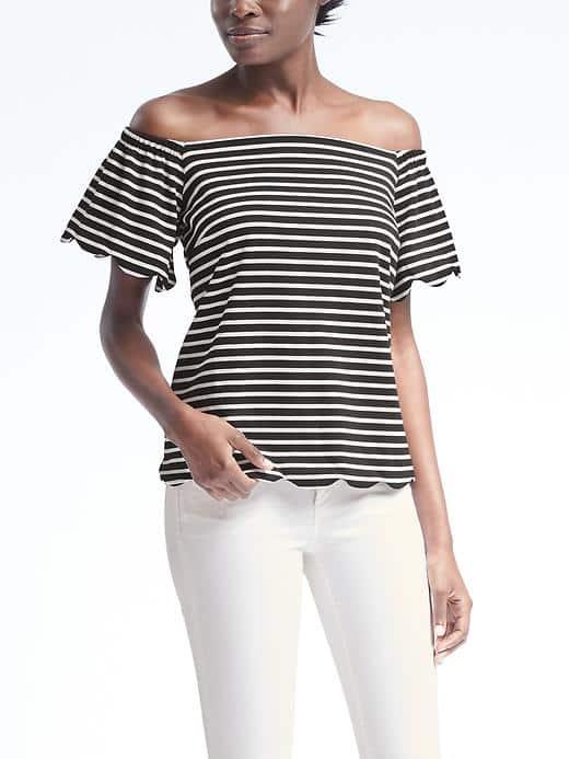 Banana Republic Womens Stripe Off Shoulder Scallop Trim Top - Black