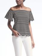 Banana Republic Womens Stripe Off Shoulder Scallop Trim Top - Black