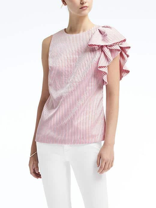 Banana Republic Womens Stripe Ruffle Sleeve Shell - Red Stripe