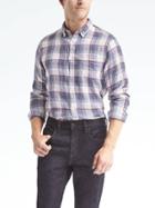 Banana Republic Mens Camden Fit Multi Check Linen Shirt - Medium Blue