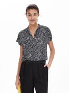 Banana Republic Bird Print Crepe Short Sleeve Blouse Size L Petite - Preppy Navy