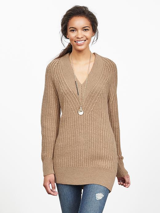 Banana Republic Womens Textured V Neck Sweater Tunic Size L - Tan
