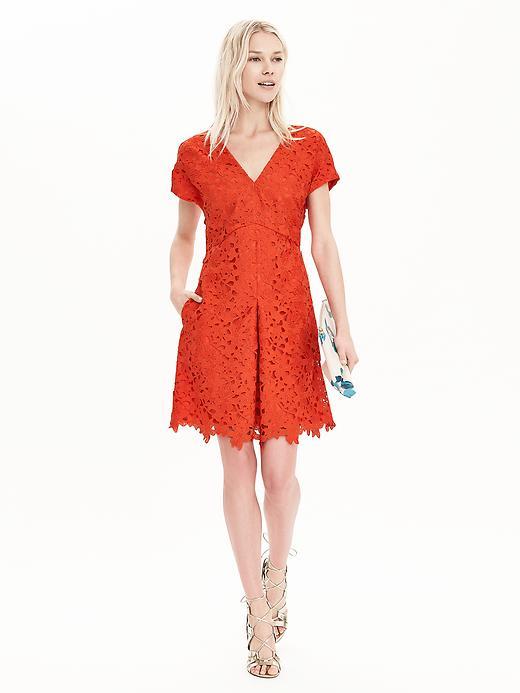 Banana Republic Womens V Neck Lace Dress Size 0 Petite - Geo Red