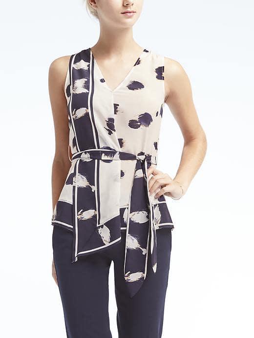 Banana Republic Womens Easy Care Print Tie Waist Top - Blue Print