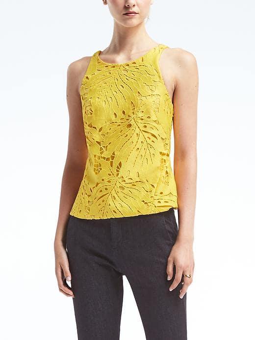 Banana Republic Womens Easy Care Leaf Lace Peplum Tank - Yellow