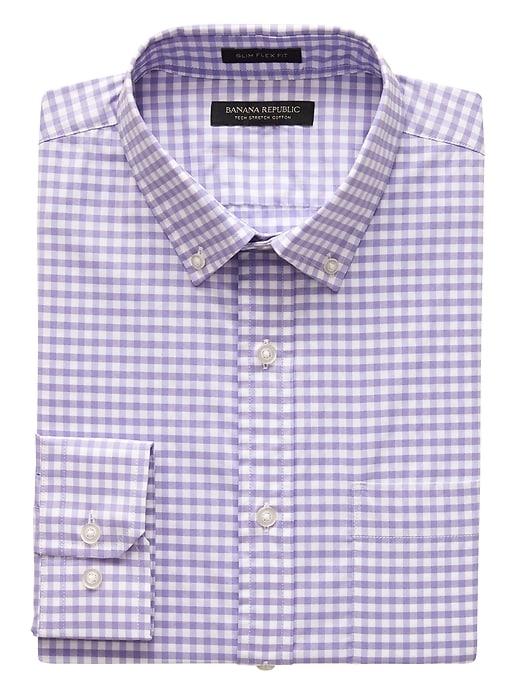 Banana Republic Mens New Slim-fit Tech-stretch Cotton Gingham Shirt Lilac Blush Size Xs