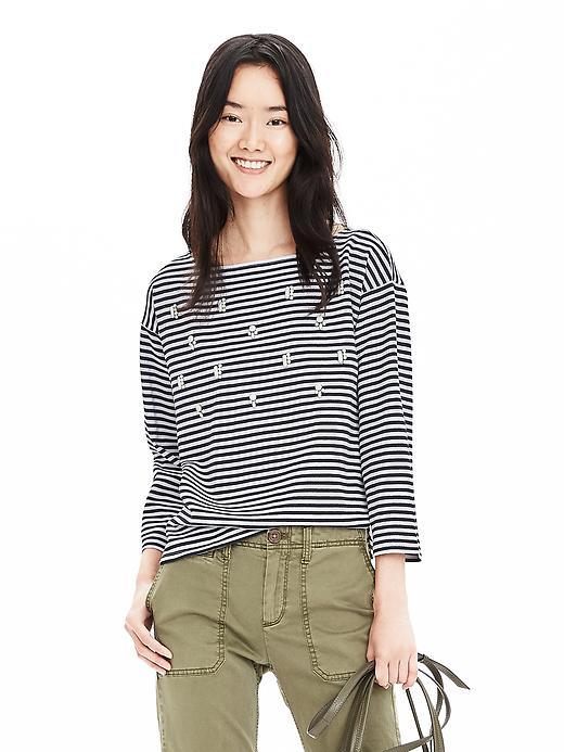 Banana Republic Womens Stripe Bead Top Size L - Preppy Navy