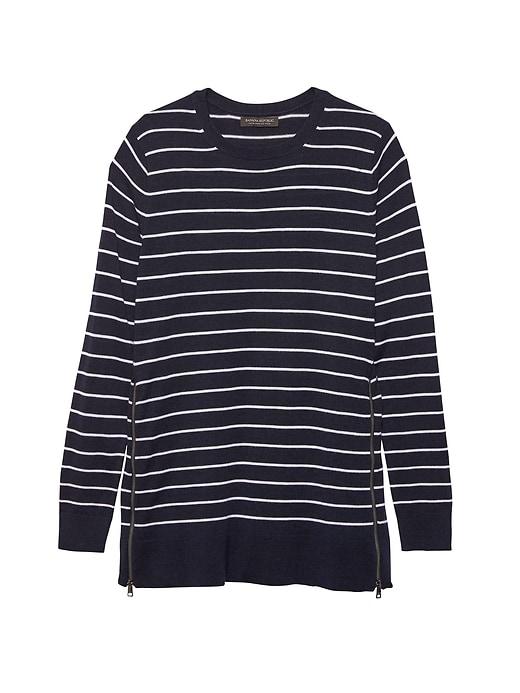 Banana Republic Womens Machine-washable Merino Wool Sweater Tunic With Zipper Accent Bold Blue Stripe Size S