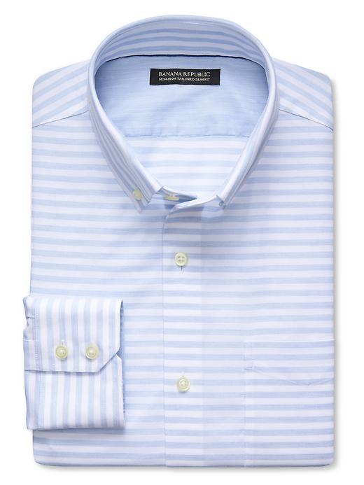 Banana Republic Mens Tailored Slim Fit Non Iron Striped Oxford Size L Tall - Light Blue