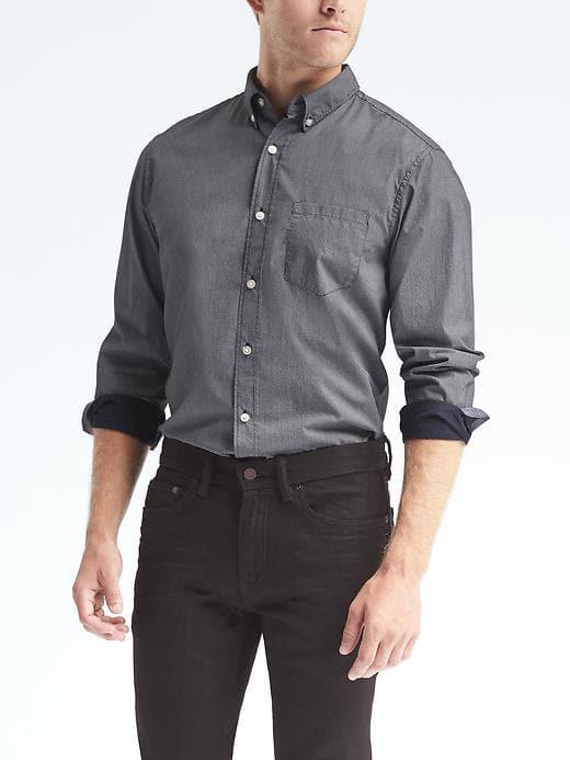 Banana Republic Mens Camden Fit Custom Wash Micro Print Shirt - Navy