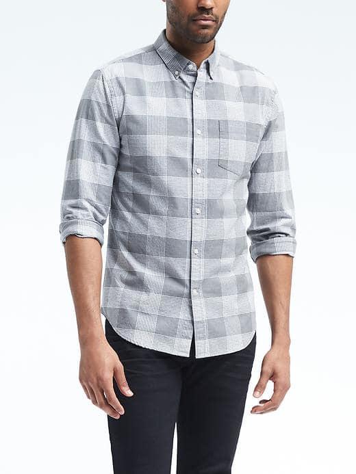 Banana Republic Mens Grant Fit Cotton Stretch Check Shirt - Gray