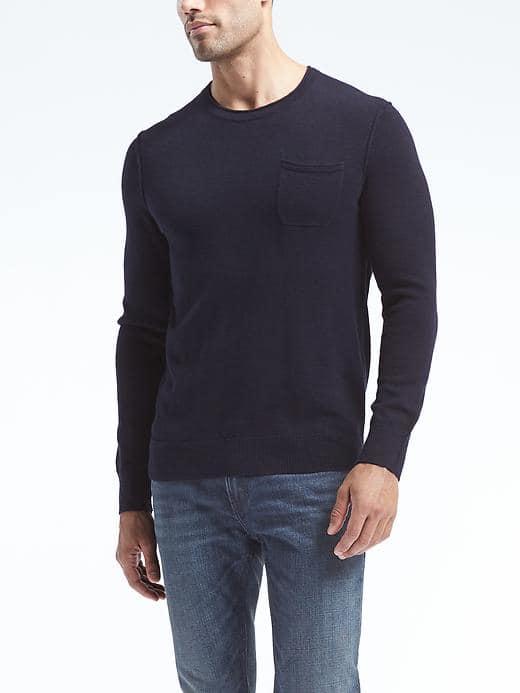 Banana Republic Mens Slub Knit Pocket Crew Sweater - Navy