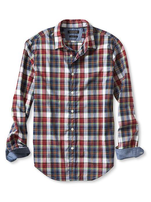 Banana Republic Mens Grant Fit Custom 078 Wash Madras Shirt Size L Tall - Navy