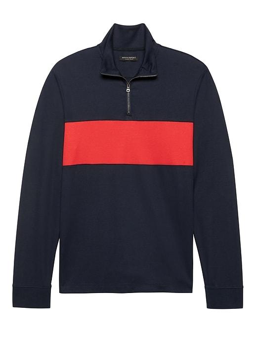 Banana Republic Mens Luxury-touch Half-zip Chest-stripe T-shirt Navy Blue Size Xxs