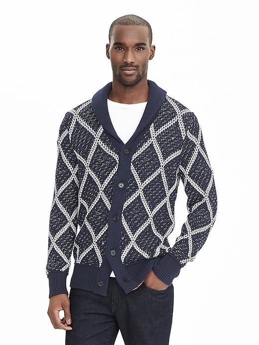 Banana Republic Womens Diamond Jacquard Shawl Cardigan Size L Tall - Preppy Navy
