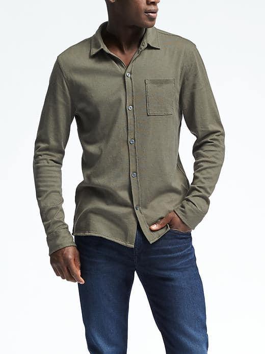 Banana Republic Mens Cotton Wool Silk Shirt - Dark Olive