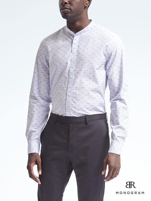 Banana Republic Mens Monogram Grant Fit Banded Collar Shirt - Blue Printed Stripe