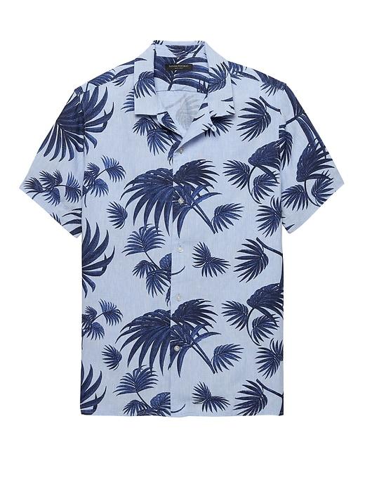 Banana Republic Mens Camden Standard-fit Linen Palm Print Camp Shirt Allports Blue Size L