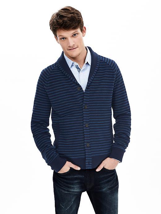 Banana Republic Mens Stripe Knit Shawl Cardigan Size L Tall - Preppy Navy