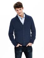 Banana Republic Mens Stripe Knit Shawl Cardigan Size L Tall - Preppy Navy