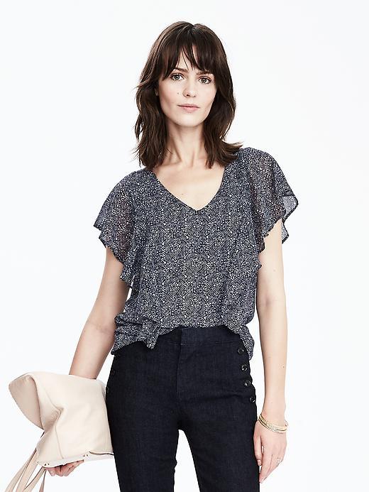 Banana Republic Womens Pom Pom Cascade Vee Top Size L - Preppy Navy
