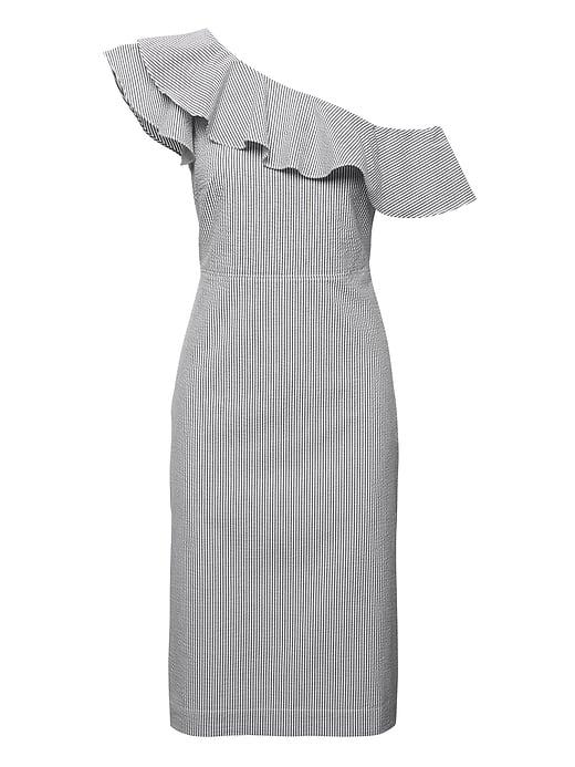 Banana Republic Womens Seersucker One-shoulder Dress Charcoal-blue Stripe Size 8