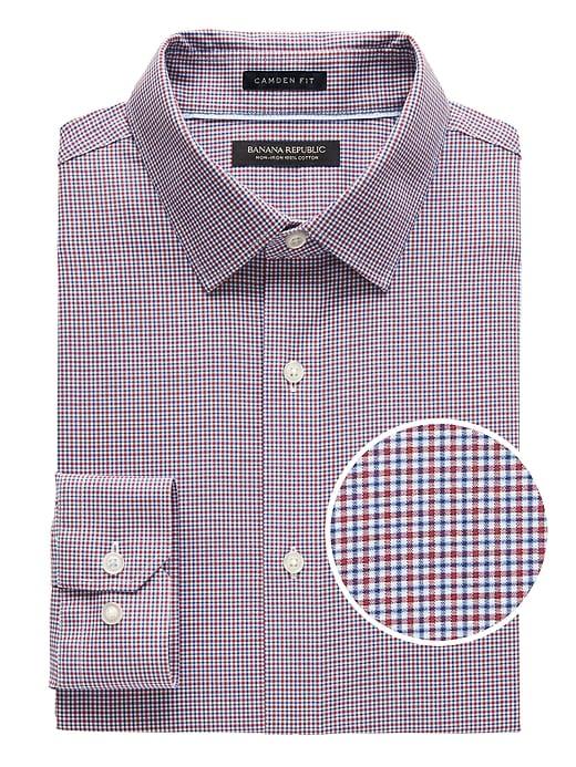 Banana Republic Mens Camden Standard-fit Non-iron Tattersall Dress Shirt Holly Berry Red Size L