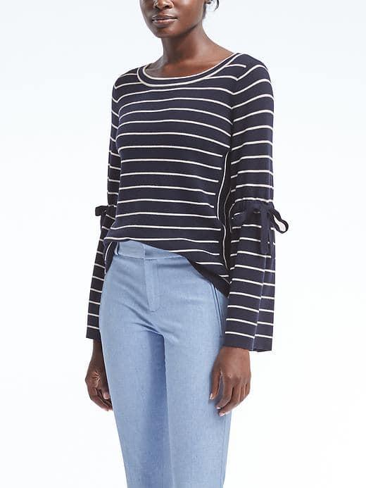 Banana Republic Stripe Fluted Tie Sleeve Pullover - Navy