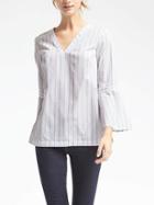 Banana Republic Womens Stripe Flounce Sleeve Vee Neck Top - White/blue
