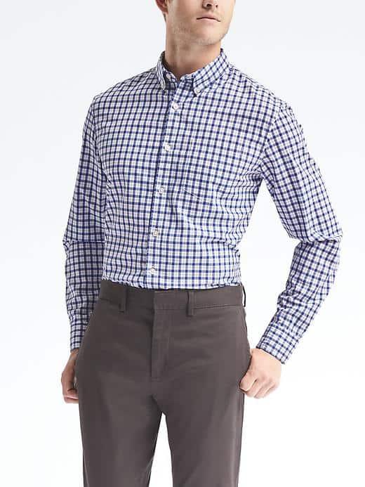 Banana Republic Mens Grant Fit Custom Wash Gingham Shirt - Mantego Bay Blue