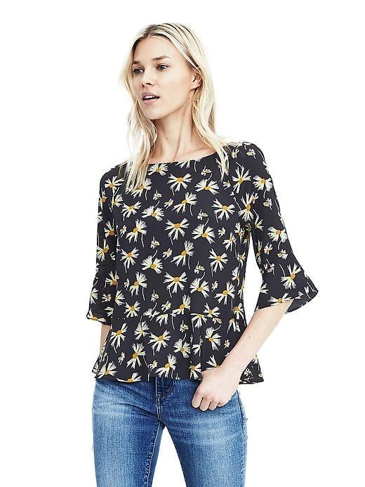 Banana Republic Womens Flutter Sleeve Floral Top - Preppy Navy