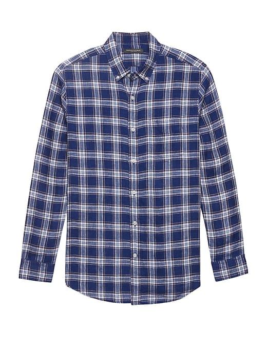 Banana Republic Mens Grant Slim-fit Linen Plaid Shirt Comet Blue Size Xs