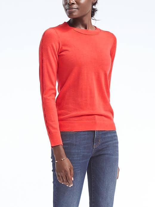 Banana Republic Womens Washable Merino Peekaboo Pullover Crew - Bright Coral