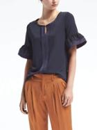Banana Republic Womens Fluted Sleeve Top With Ladder Lace - Navy