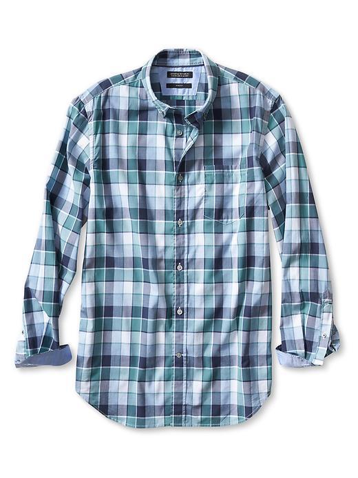 Banana Republic Mens Slim Fit Custom 078 Wash Optic Check Oxford Size L Tall - Teal