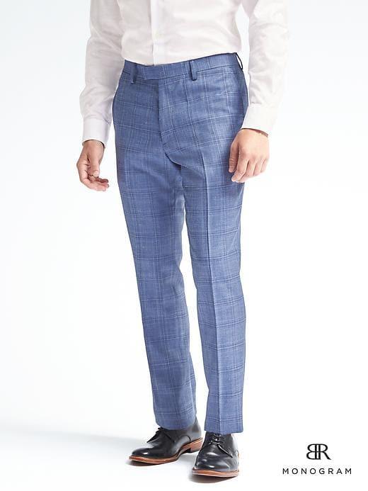 Banana Republic Slim Monogram Blue Plaid Wool Blend Suit Trouser - Light Blue