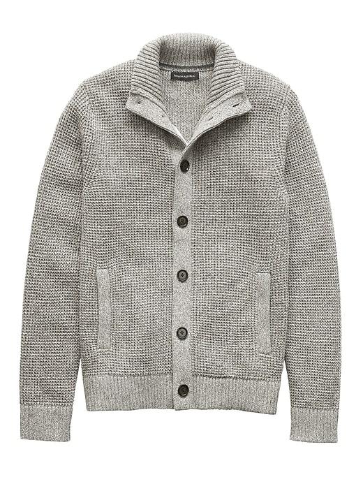 Banana Republic Mens Textured Cotton Mock-neck Cardigan Sweater Caper Green Size L