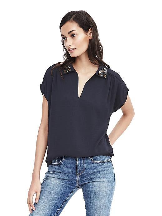 Banana Republic Womens Embellished Collar Top - Preppy Navy